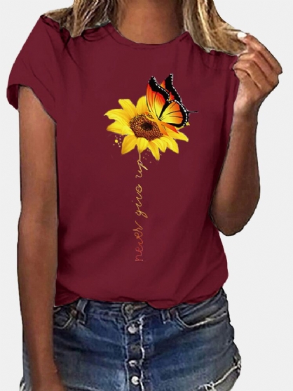 Camiseta Casual De Manga Corta Con Cuello Redondo Y Estampado De Girasol Y Mariposa