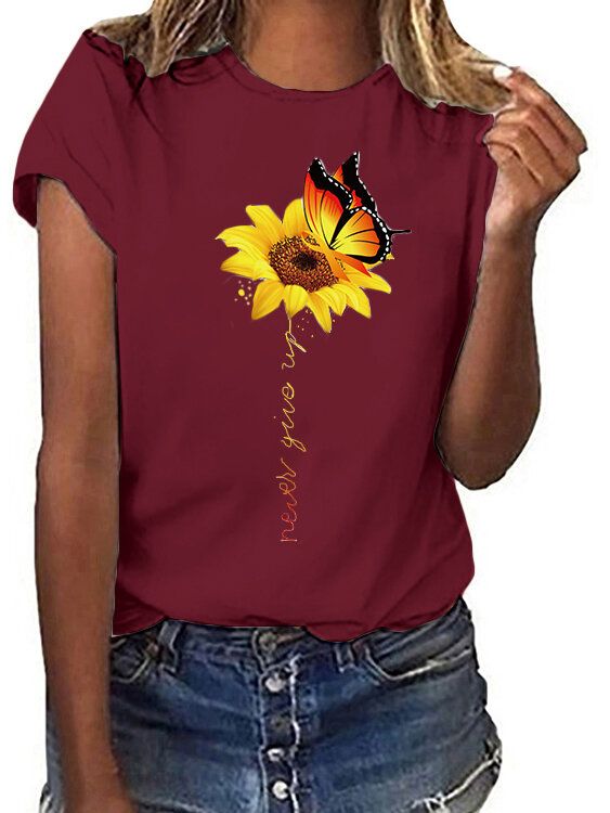 Camiseta Casual De Manga Corta Con Cuello Redondo Y Estampado De Girasol Y Mariposa