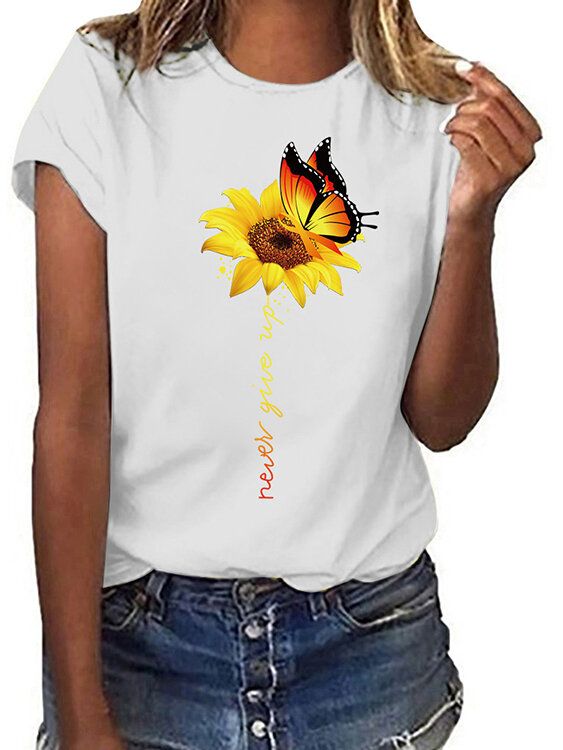 Camiseta Casual De Manga Corta Con Cuello Redondo Y Estampado De Girasol Y Mariposa