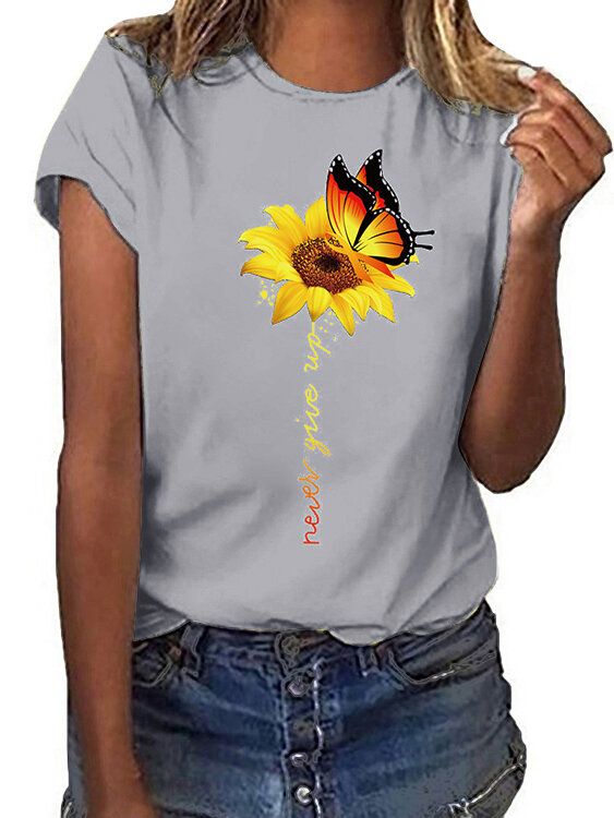 Camiseta Casual De Manga Corta Con Cuello Redondo Y Estampado De Girasol Y Mariposa