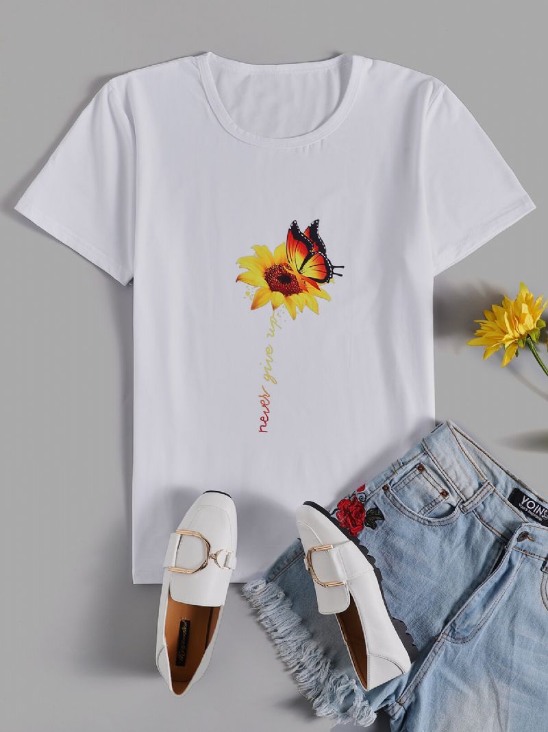 Camiseta Casual De Manga Corta Con Cuello Redondo Y Estampado De Girasol Y Mariposa