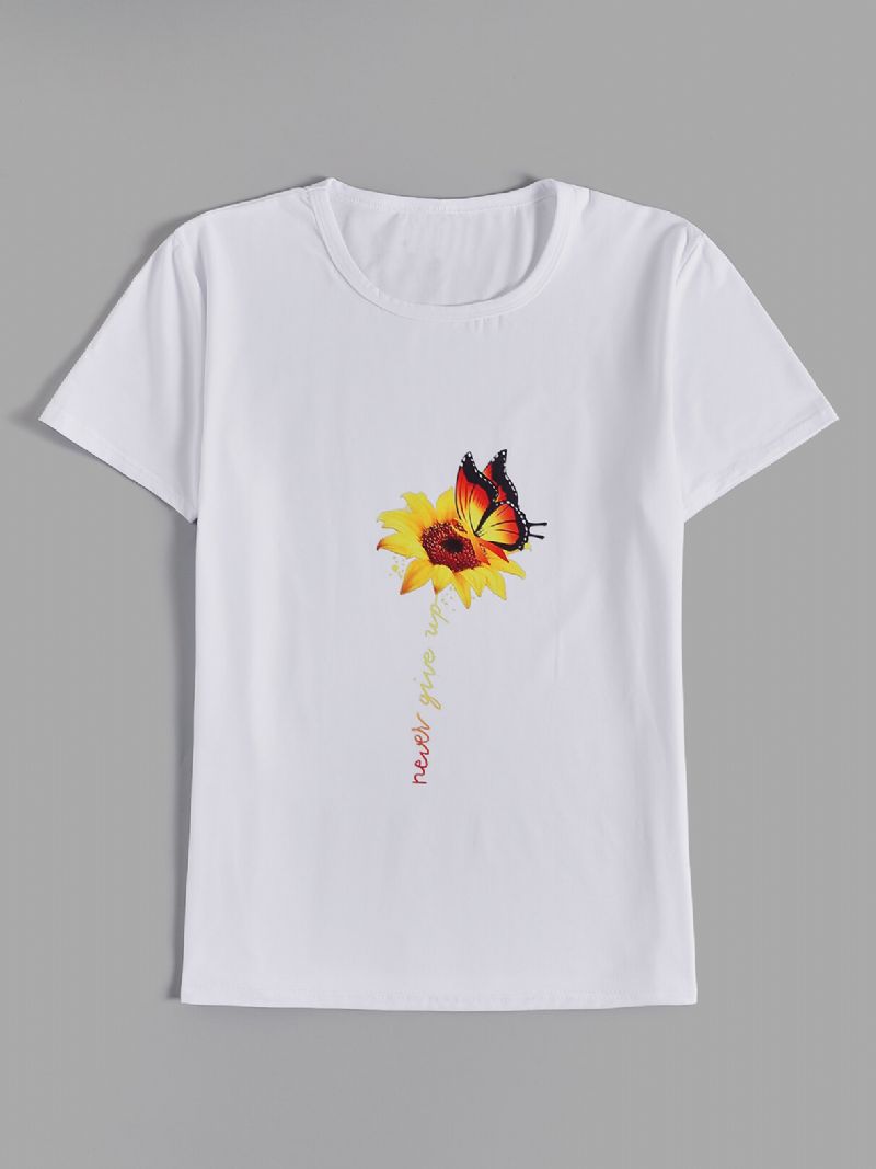 Camiseta Casual De Manga Corta Con Cuello Redondo Y Estampado De Girasol Y Mariposa