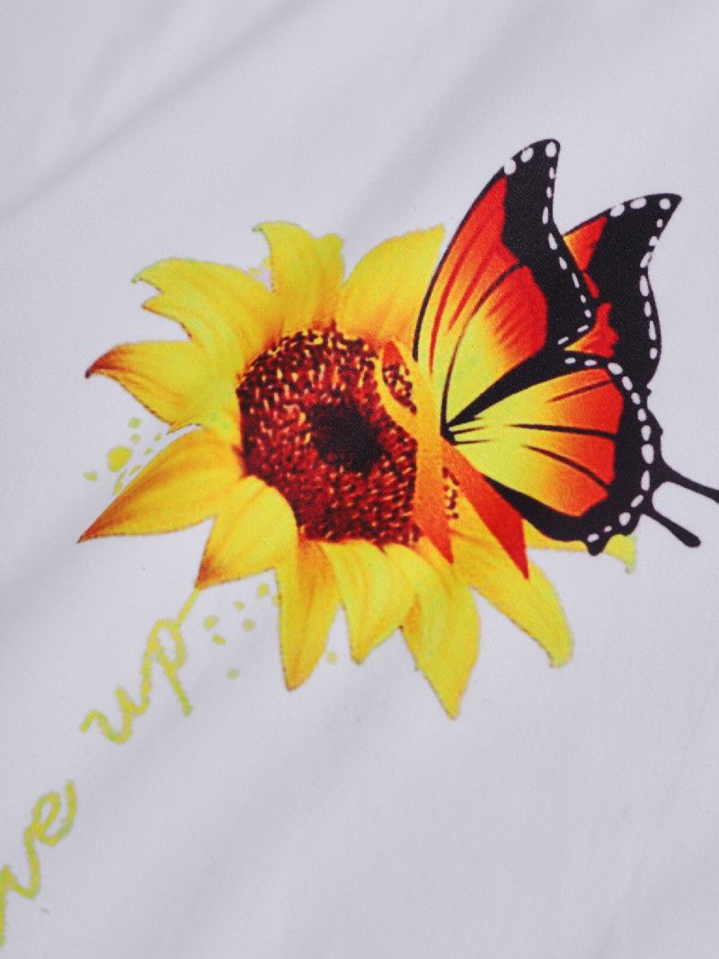 Camiseta Casual De Manga Corta Con Cuello Redondo Y Estampado De Girasol Y Mariposa