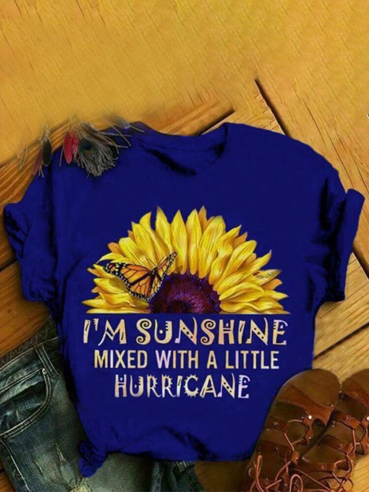 Camiseta Casual De Manga Corta Con Cuello Redondo Y Estampado De Girasoles Para Mujer