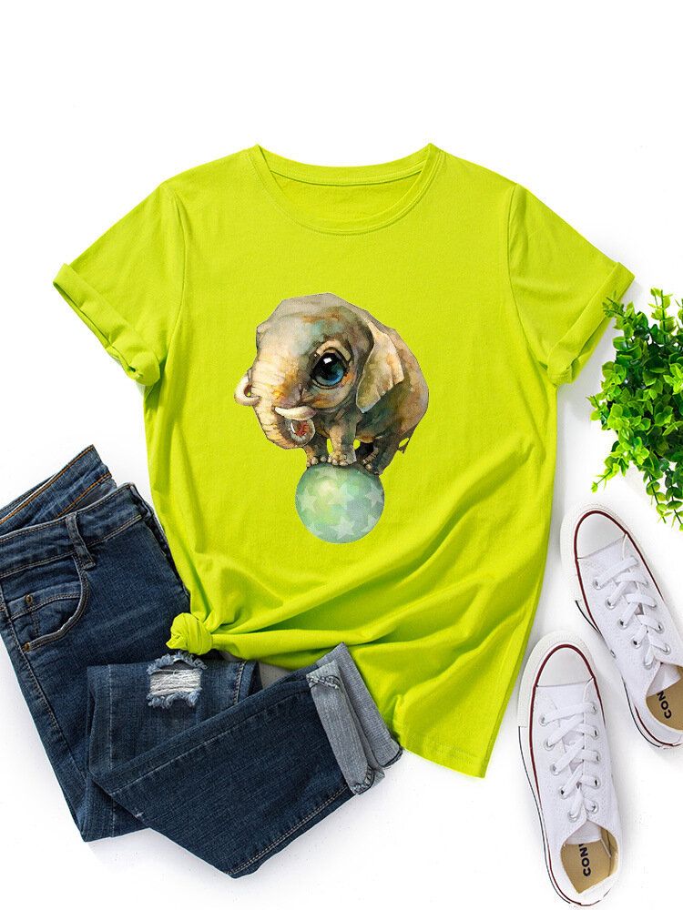 Camiseta Casual De Manga Corta Con Cuello Redondo Y Estampado Gráfico De Elefante De Dibujos Animados Lindo Para Mujer