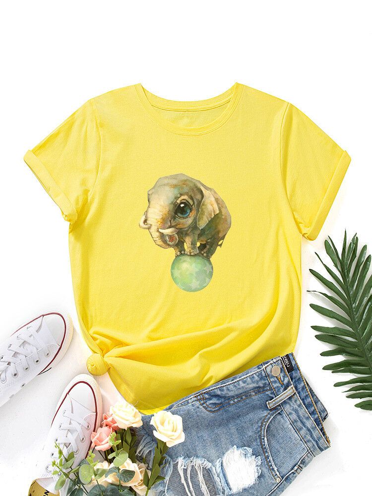 Camiseta Casual De Manga Corta Con Cuello Redondo Y Estampado Gráfico De Elefante De Dibujos Animados Lindo Para Mujer