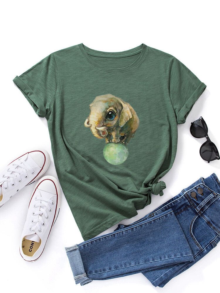 Camiseta Casual De Manga Corta Con Cuello Redondo Y Estampado Gráfico De Elefante De Dibujos Animados Lindo Para Mujer