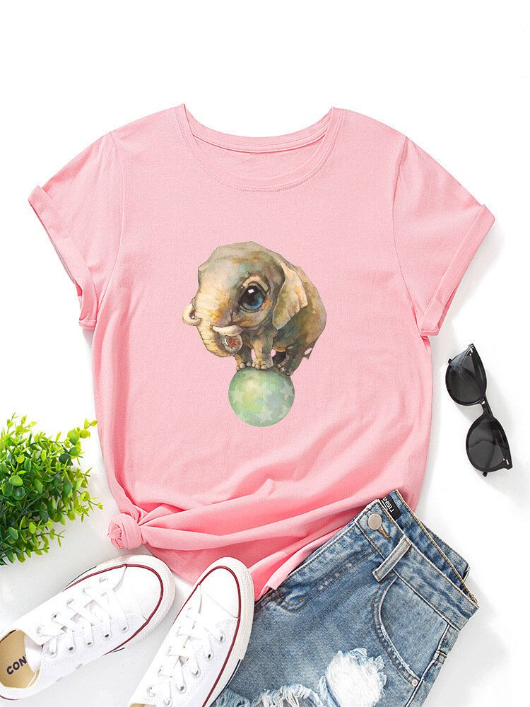 Camiseta Casual De Manga Corta Con Cuello Redondo Y Estampado Gráfico De Elefante De Dibujos Animados Lindo Para Mujer