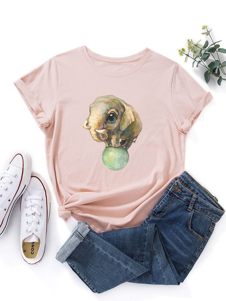 Camiseta Casual De Manga Corta Con Cuello Redondo Y Estampado Gráfico De Elefante De Dibujos Animados Lindo Para Mujer