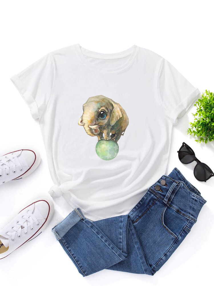 Camiseta Casual De Manga Corta Con Cuello Redondo Y Estampado Gráfico De Elefante De Dibujos Animados Lindo Para Mujer