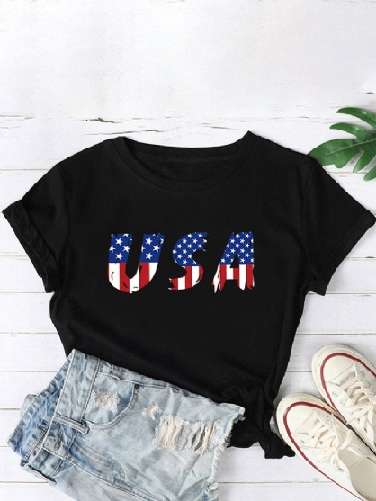 Camiseta Casual De Manga Corta Con Cuello Redondo Y Estampado De Letras De La Bandera Americana Para Mujer