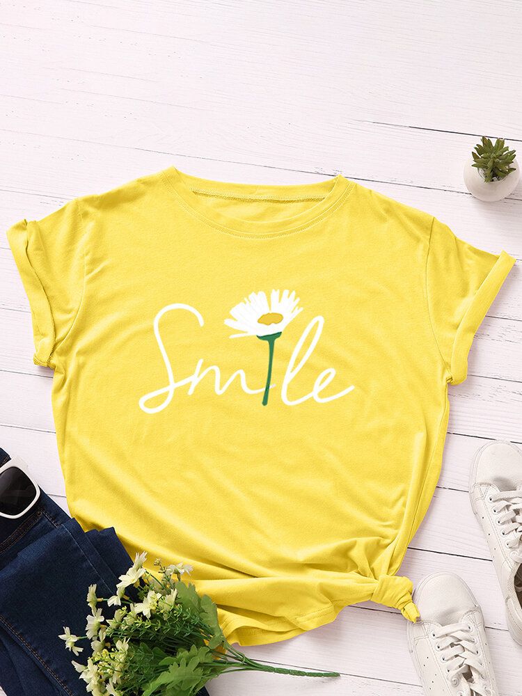 Camiseta Casual De Manga Corta Con Cuello Redondo Y Estampado Multicolor De Margaritas Smile Para Mujer