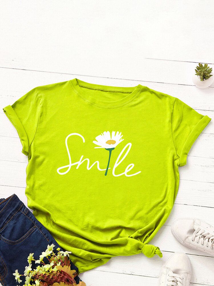 Camiseta Casual De Manga Corta Con Cuello Redondo Y Estampado Multicolor De Margaritas Smile Para Mujer