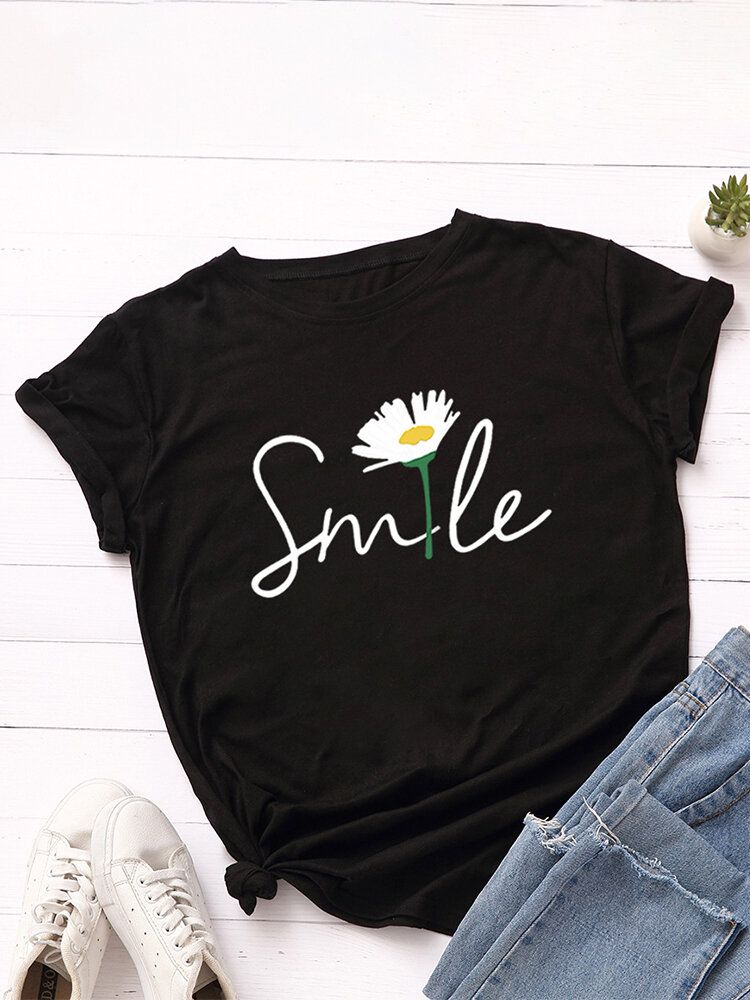 Camiseta Casual De Manga Corta Con Cuello Redondo Y Estampado Multicolor De Margaritas Smile Para Mujer