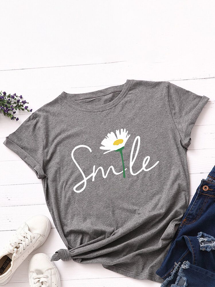 Camiseta Casual De Manga Corta Con Cuello Redondo Y Estampado Multicolor De Margaritas Smile Para Mujer