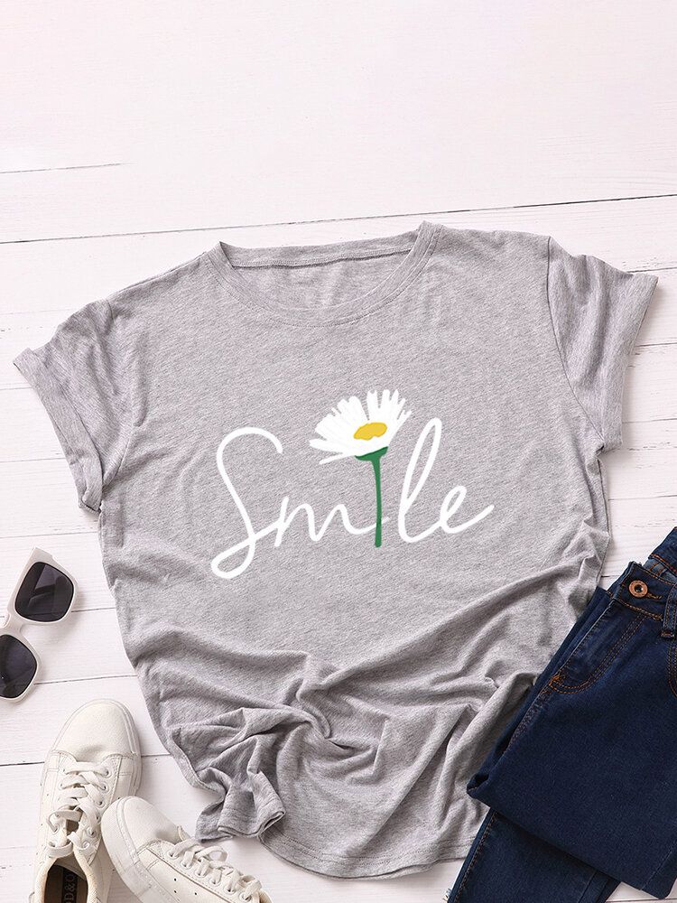 Camiseta Casual De Manga Corta Con Cuello Redondo Y Estampado Multicolor De Margaritas Smile Para Mujer