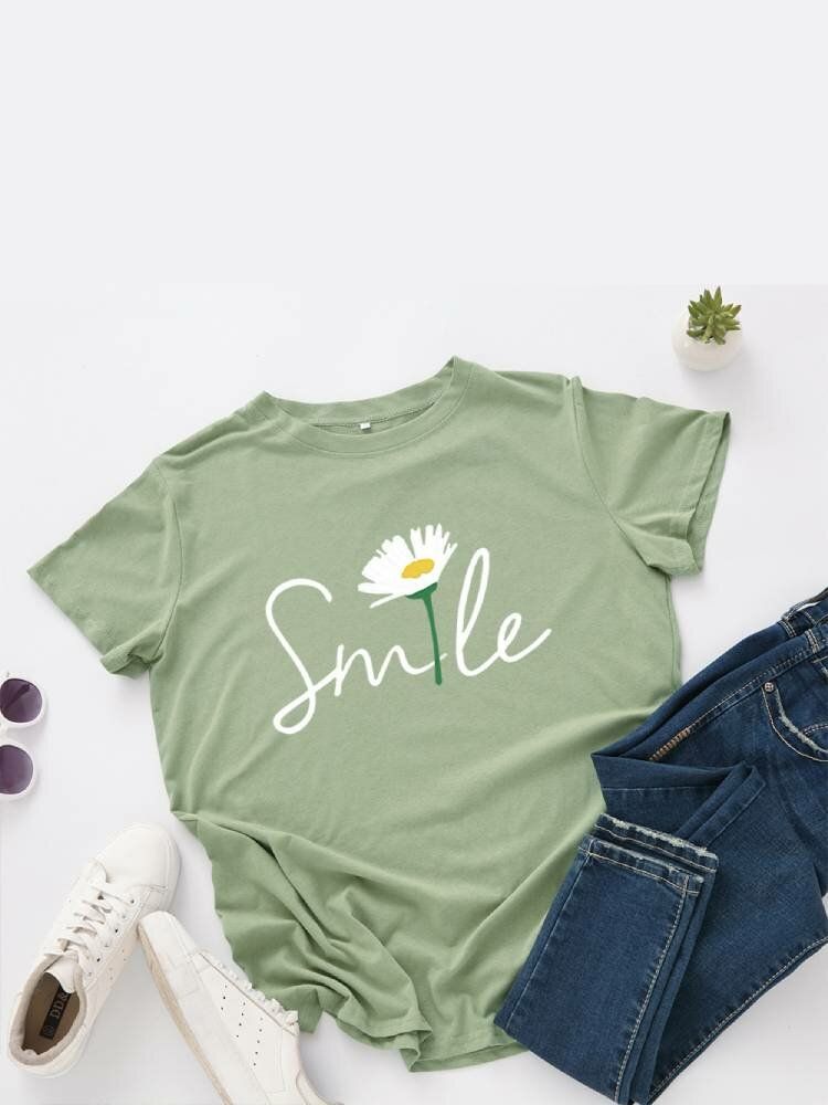 Camiseta Casual De Manga Corta Con Cuello Redondo Y Estampado Multicolor De Margaritas Smile Para Mujer