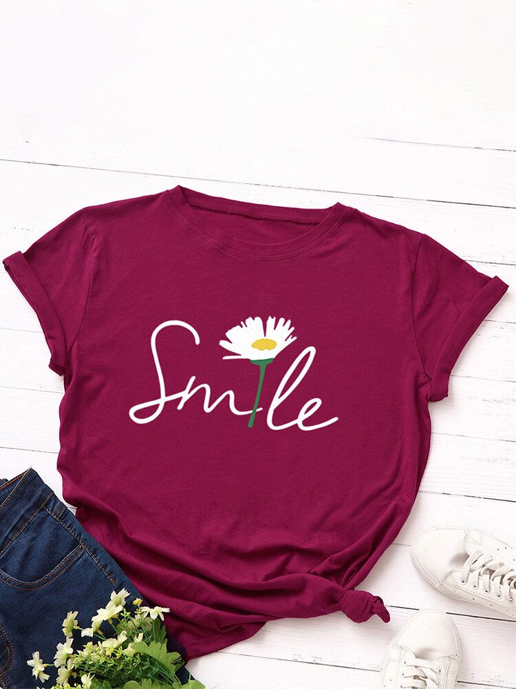 Camiseta Casual De Manga Corta Con Cuello Redondo Y Estampado Multicolor De Margaritas Smile Para Mujer