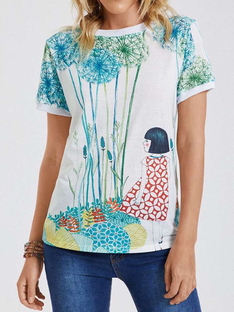 Camiseta Casual De Manga Corta Con Cuello Redondo Y Estampado De Niña De Dibujos Animados Para Mujer