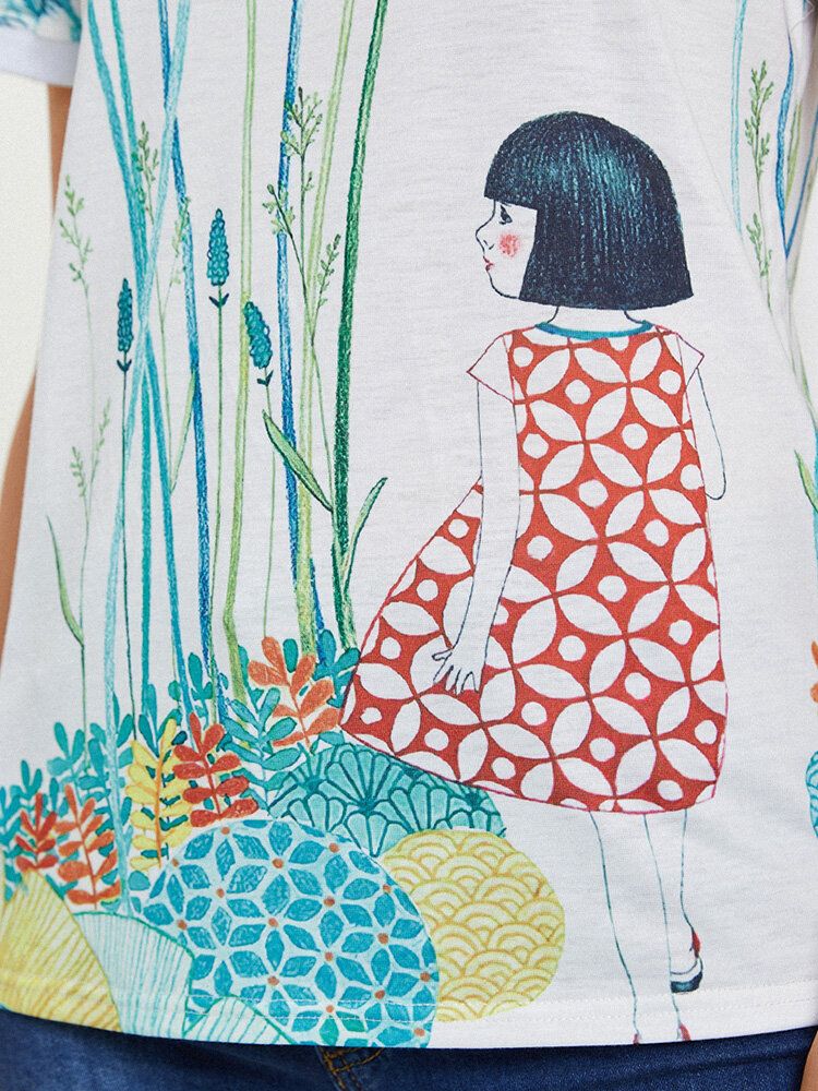 Camiseta Casual De Manga Corta Con Cuello Redondo Y Estampado De Niña De Dibujos Animados Para Mujer