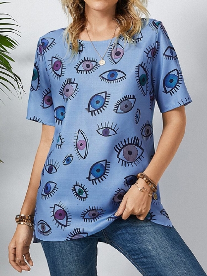 Camiseta Casual De Manga Corta Con Cuello Redondo Y Estampado De Ojos Para Mujer