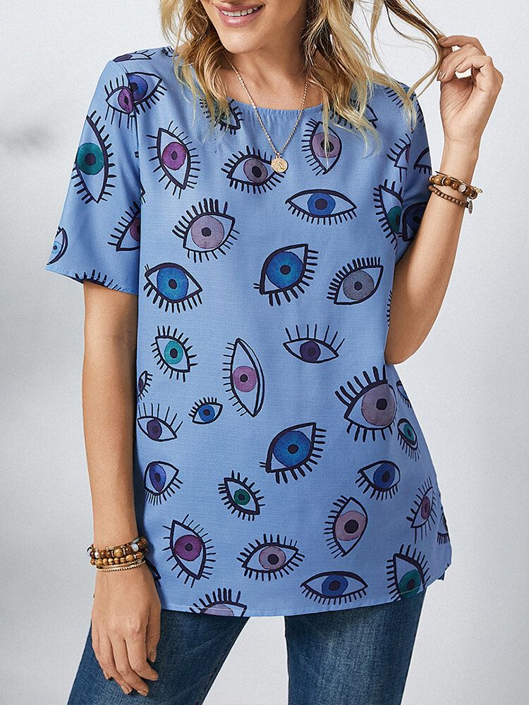 Camiseta Casual De Manga Corta Con Cuello Redondo Y Estampado De Ojos Para Mujer