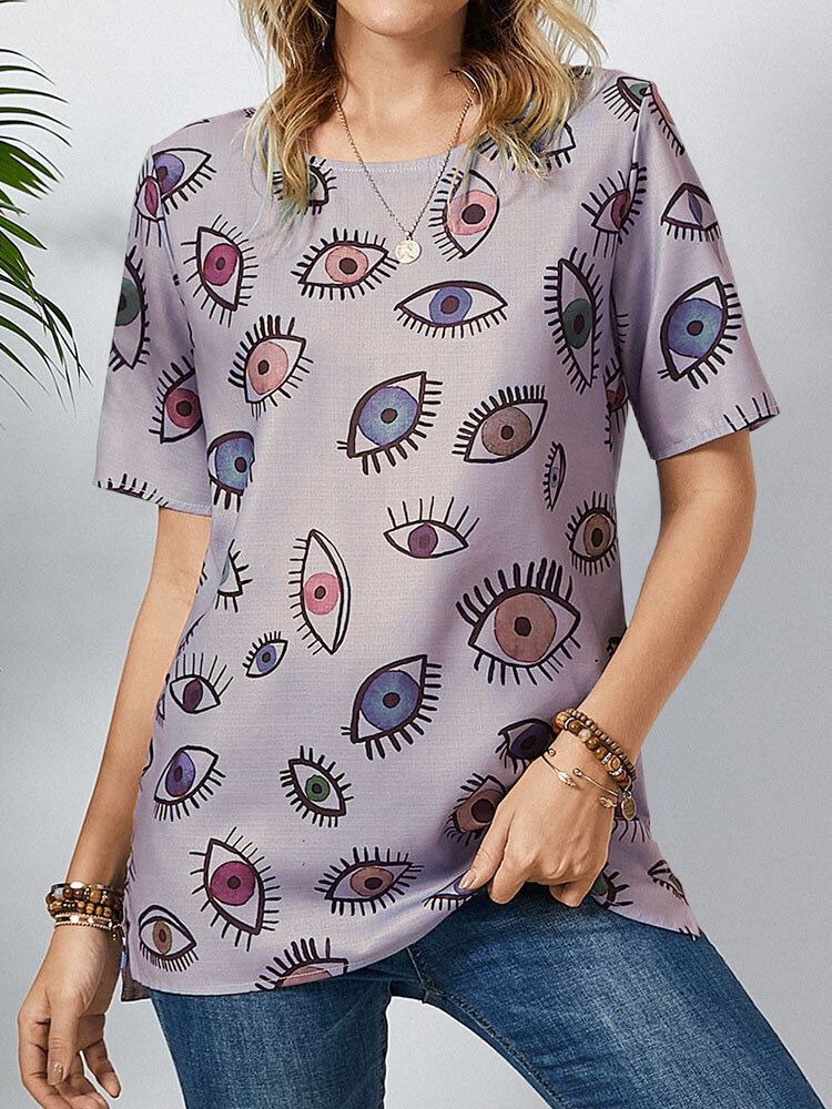 Camiseta Casual De Manga Corta Con Cuello Redondo Y Estampado De Ojos Para Mujer