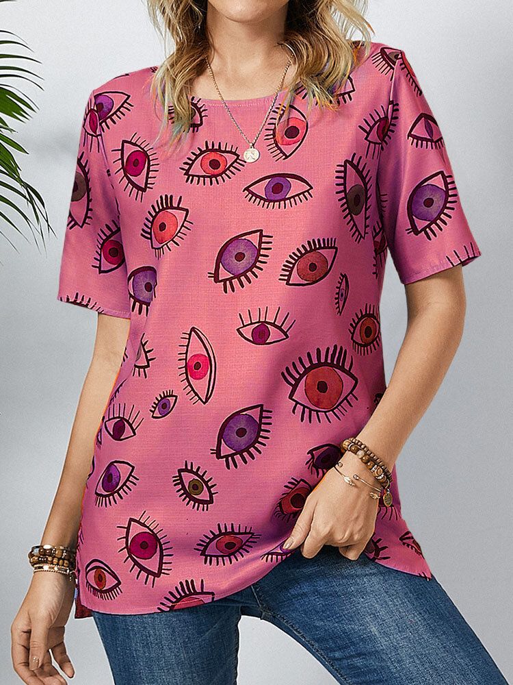 Camiseta Casual De Manga Corta Con Cuello Redondo Y Estampado De Ojos Para Mujer