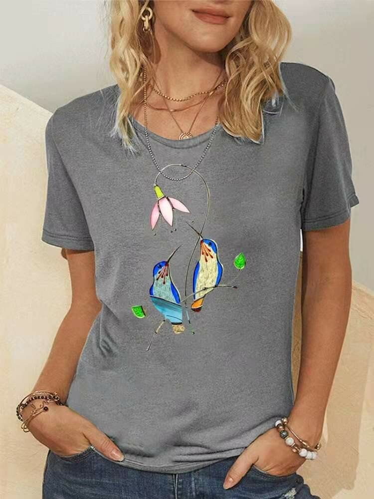 Camiseta Casual De Manga Corta Con Cuello Redondo Y Estampado De Pájaros Para Mujer