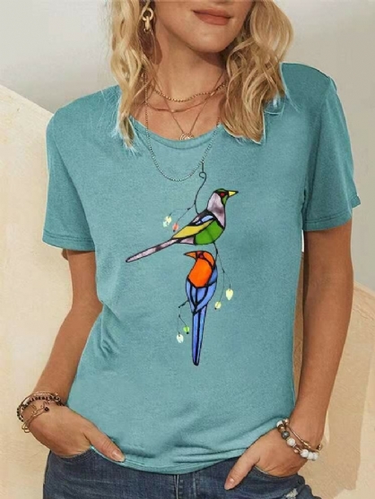 Camiseta Casual De Manga Corta Con Cuello Redondo Y Estampado De Pájaros Para Mujer