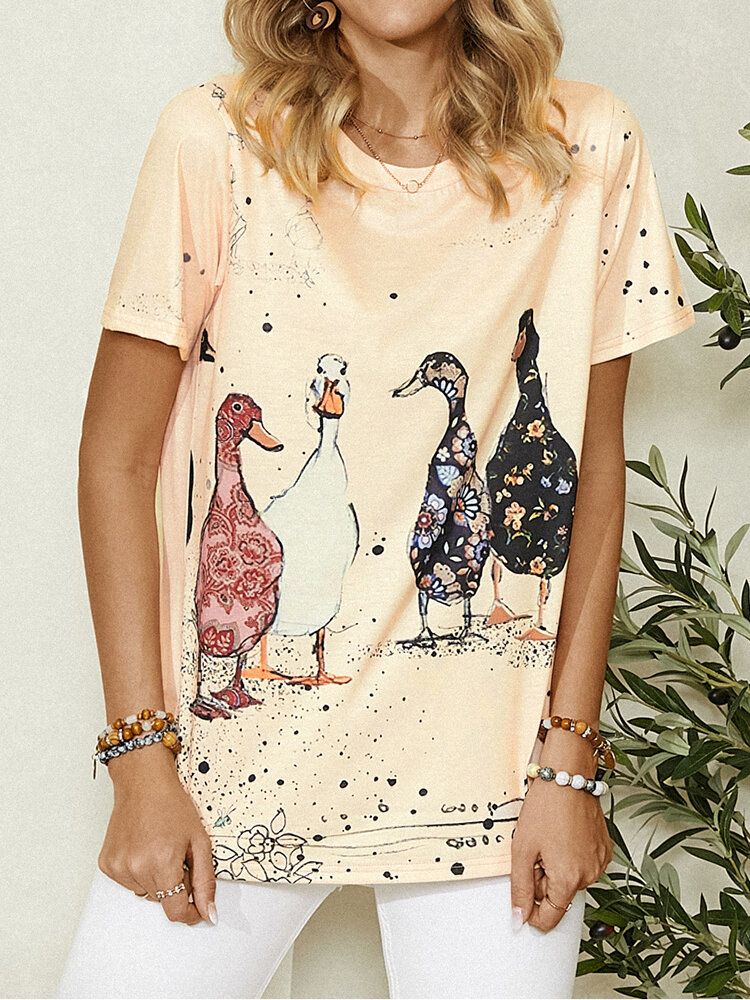 Camiseta Casual De Manga Corta Con Cuello Redondo Y Estampado De Pato De Dibujos Animados Para Mujer