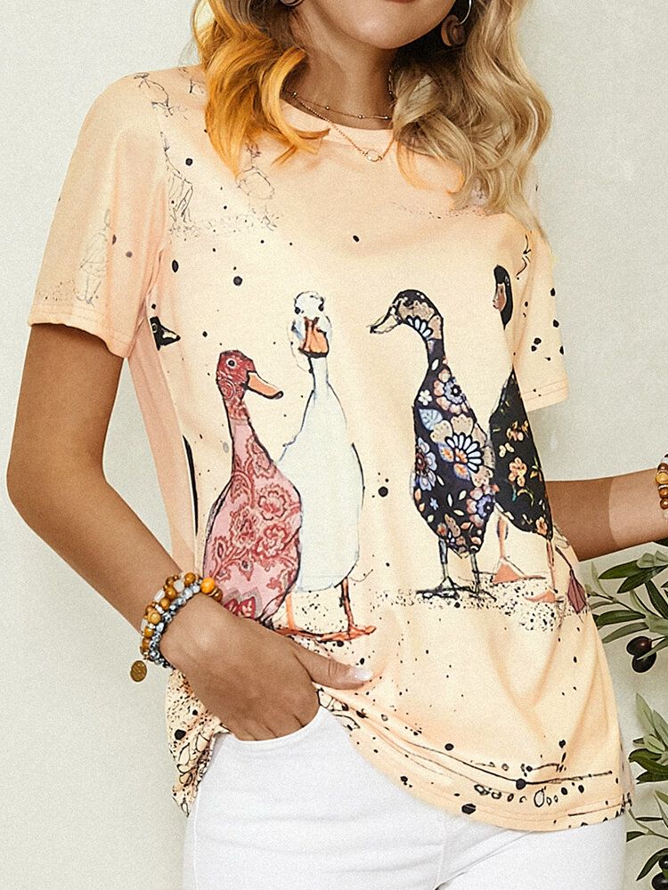 Camiseta Casual De Manga Corta Con Cuello Redondo Y Estampado De Pato De Dibujos Animados Para Mujer