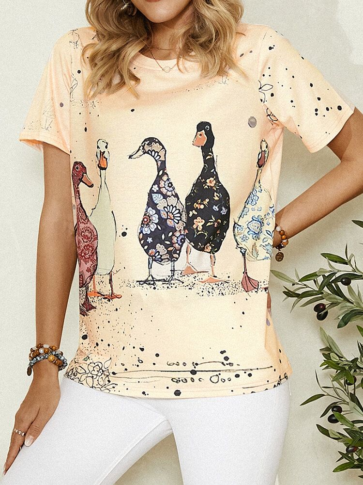 Camiseta Casual De Manga Corta Con Cuello Redondo Y Estampado De Pato De Dibujos Animados Para Mujer