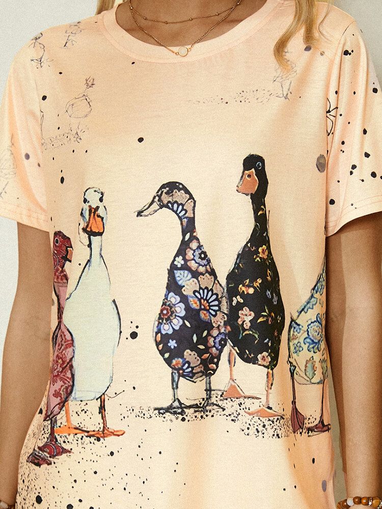 Camiseta Casual De Manga Corta Con Cuello Redondo Y Estampado De Pato De Dibujos Animados Para Mujer