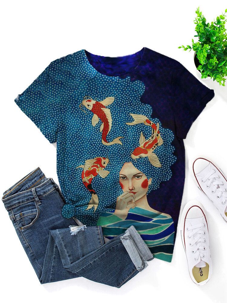 Camiseta Casual De Manga Corta Con Cuello Redondo Y Estampado De Peces Para Mujer