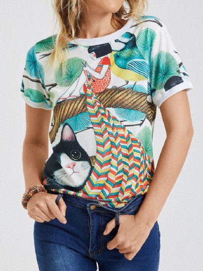 Camiseta Casual De Manga Corta Con Estampado De Niña De Gato De Dibujos Animados Para Mujer