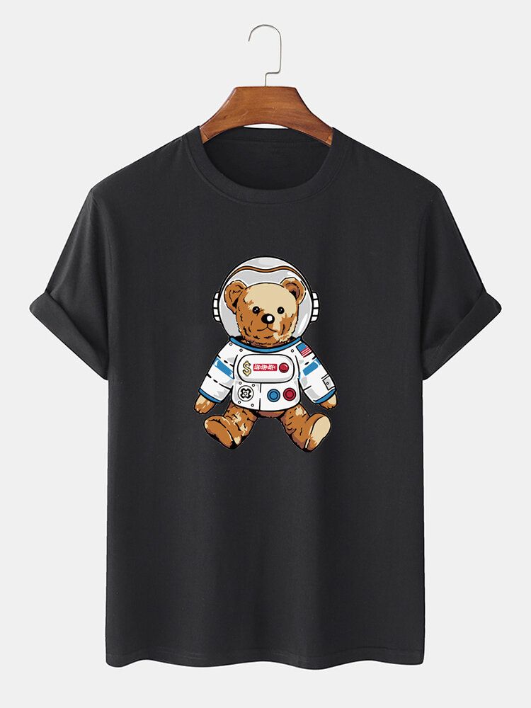 Camiseta Casual De Manga Corta Con Estampado De Oso Astronauta De Dibujos Animados Para Hombre