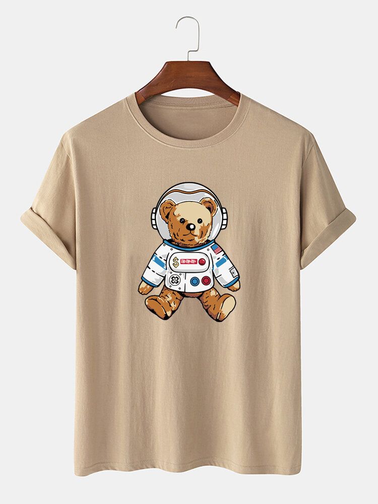 Camiseta Casual De Manga Corta Con Estampado De Oso Astronauta De Dibujos Animados Para Hombre