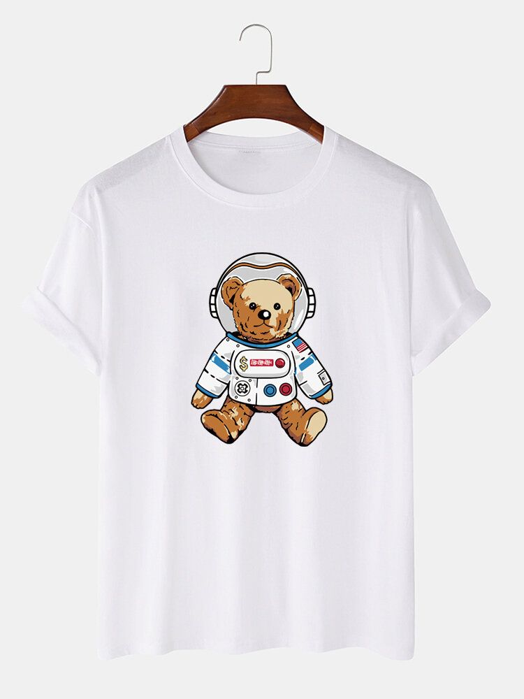 Camiseta Casual De Manga Corta Con Estampado De Oso Astronauta De Dibujos Animados Para Hombre