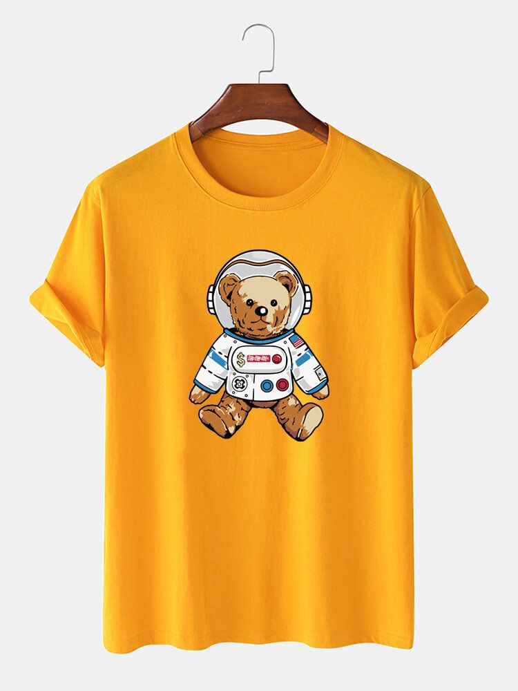 Camiseta Casual De Manga Corta Con Estampado De Oso Astronauta De Dibujos Animados Para Hombre