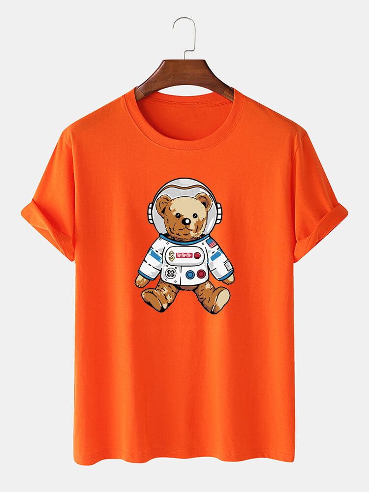 Camiseta Casual De Manga Corta Con Estampado De Oso Astronauta De Dibujos Animados Para Hombre