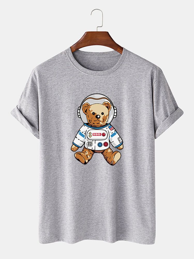 Camiseta Casual De Manga Corta Con Estampado De Oso Astronauta De Dibujos Animados Para Hombre