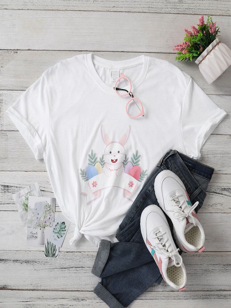 Camiseta Casual De Manga Corta Con Estampado De Pascua De Conejos De Dibujos Animados De Talla Grande