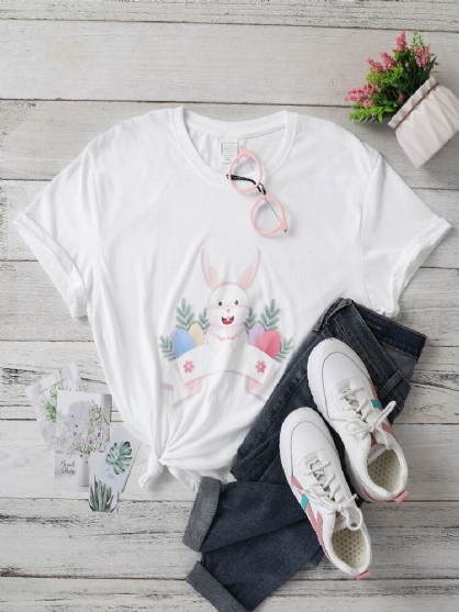 Camiseta Casual De Manga Corta Con Estampado De Pascua De Conejos De Dibujos Animados De Talla Grande