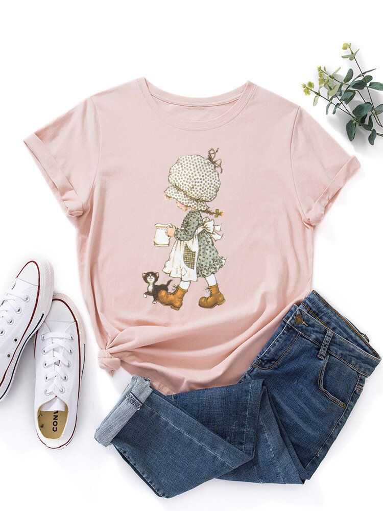 Camiseta Casual De Manga Corta Multicolor Con Estampado Gráfico De Niña De Dibujos Animados Para Mujer