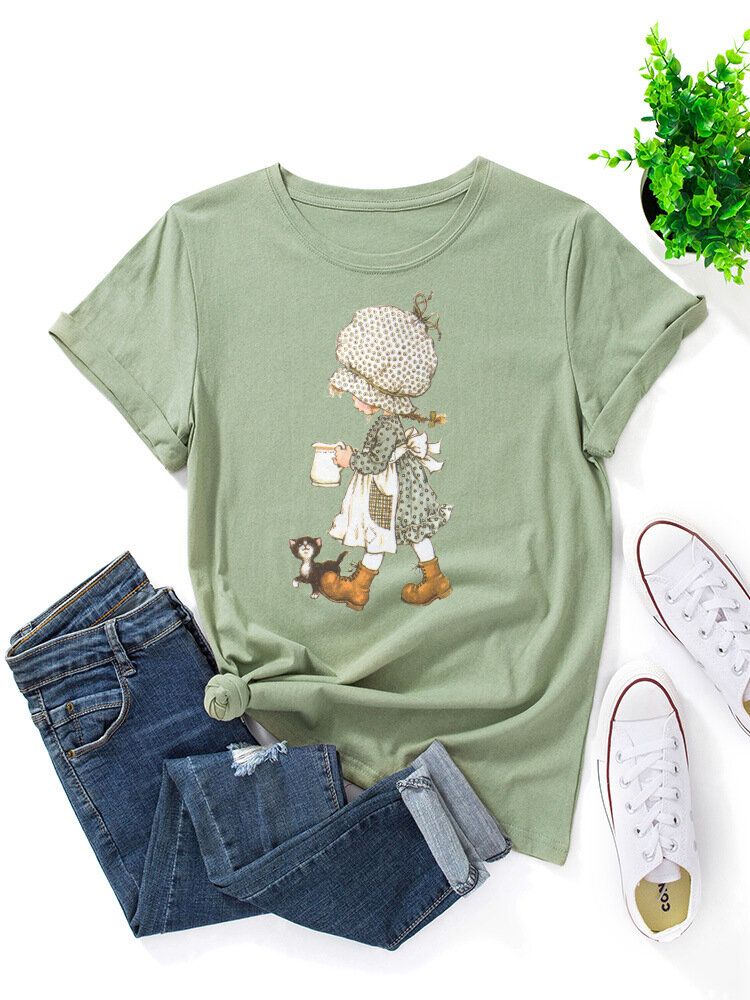 Camiseta Casual De Manga Corta Multicolor Con Estampado Gráfico De Niña De Dibujos Animados Para Mujer