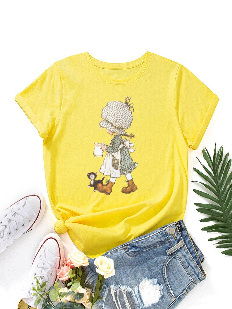 Camiseta Casual De Manga Corta Multicolor Con Estampado Gráfico De Niña De Dibujos Animados Para Mujer