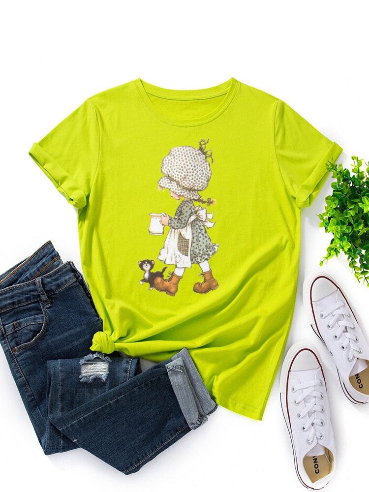 Camiseta Casual De Manga Corta Multicolor Con Estampado Gráfico De Niña De Dibujos Animados Para Mujer