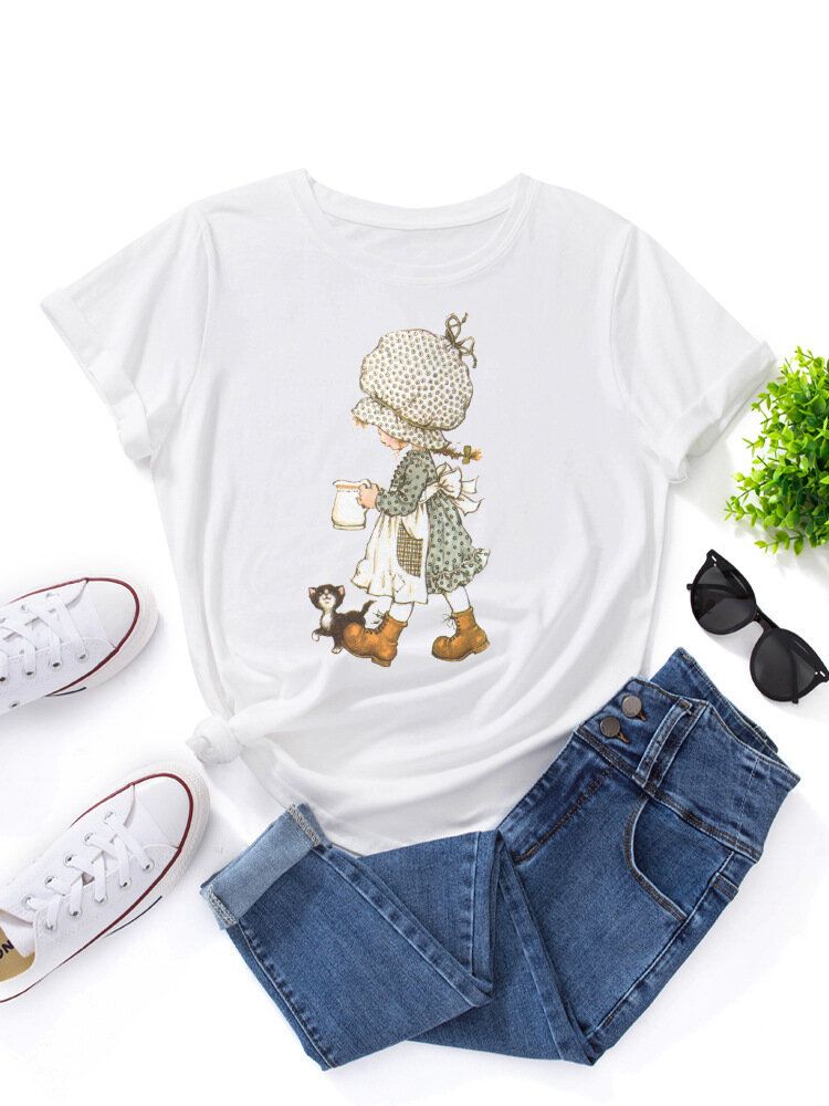 Camiseta Casual De Manga Corta Multicolor Con Estampado Gráfico De Niña De Dibujos Animados Para Mujer