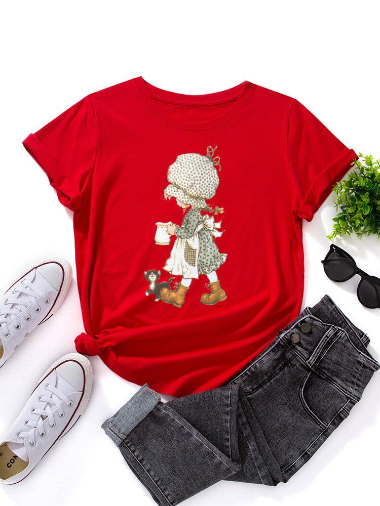 Camiseta Casual De Manga Corta Multicolor Con Estampado Gráfico De Niña De Dibujos Animados Para Mujer